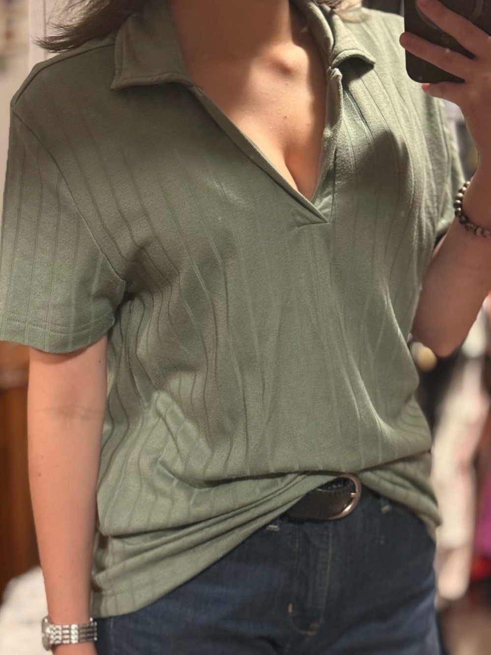 Men’s Ribbed V-Neck Polo Shirt - Olive Green